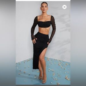 Black embellished maxi skirt set with embellished cowl neck crop top